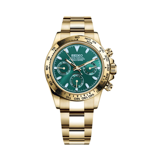 Daytona (Green & Gold) Seiko VK63 meca-quartz chronograph mod watch. A full watch shot shows a green dial with a gold bezel and a gold metal link bracelet on a display cushion.