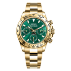 Daytona (Green & Gold) Seiko VK63 meca-quartz chronograph mod watch. A full watch shot shows a green dial with a gold bezel and a gold metal link bracelet on a display cushion.