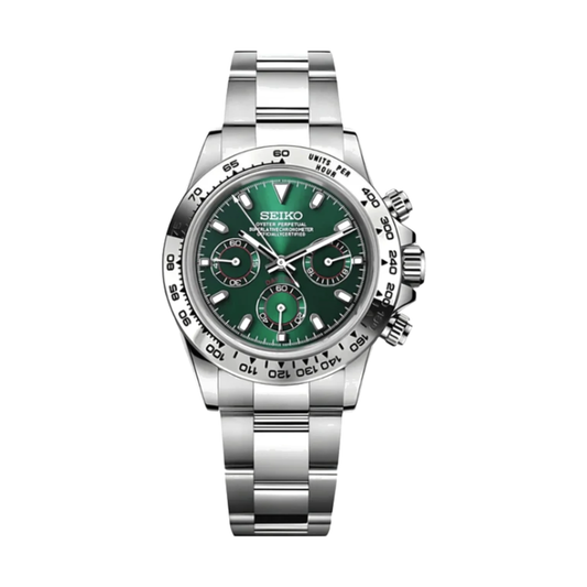 Daytona (Green) Seiko VK63 meca-quartz chronograph mod watch. A green dial watch with a silver bezel and metal link bracelet inside an open black display box.