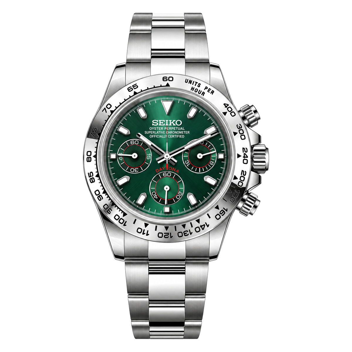 Daytona (Green) Seiko VK63 meca-quartz chronograph mod watch. A green dial watch with a silver bezel and metal link bracelet inside an open black display box.