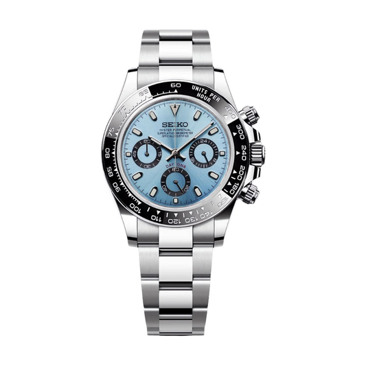 Daytona (Ice Blue Black Bezel) Seiko VK63 meca-quartz chronograph mod watch. A light blue dial watch with a black bezel and metal link bracelet is shown in a full product shot.