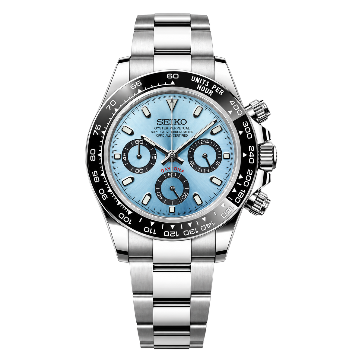 Daytona (Ice Blue Black Bezel) Seiko VK63 meca-quartz chronograph mod watch. A light blue dial watch with a black bezel and metal link bracelet is shown in a full product shot.