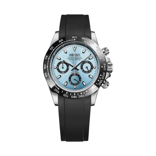 Daytona (Ice Blue Ceramic) Seiko VK63 meca-quartz chronograph mod watch. A ice blue dial watch with a tachymeter bezel and a rubber strap, shown in a full product shot.