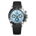 Daytona (Ice Blue Ceramic) Seiko VK63 meca-quartz chronograph mod watch. A ice blue dial watch with a tachymeter bezel and a rubber strap, shown in a full product shot.