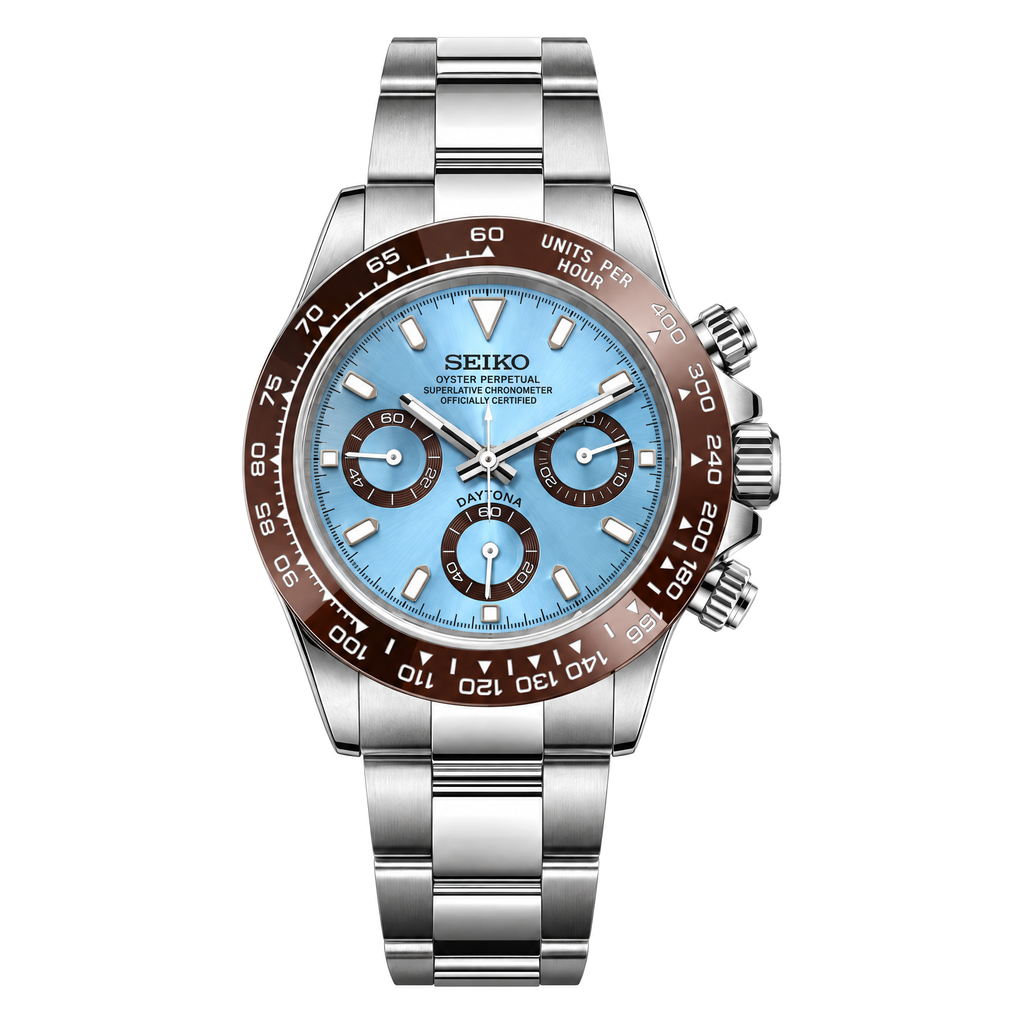 Daytona (Ice Blue) VK63 meca-quartz chronograph mod watch by Rosevari Watches.