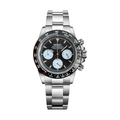 Daytona (Le Mans) Seiko VK63 meca-quartz chronograph mod watch. A black dial watch with a tachymeter bezel and a steel bracelet, shown in a full product shot.