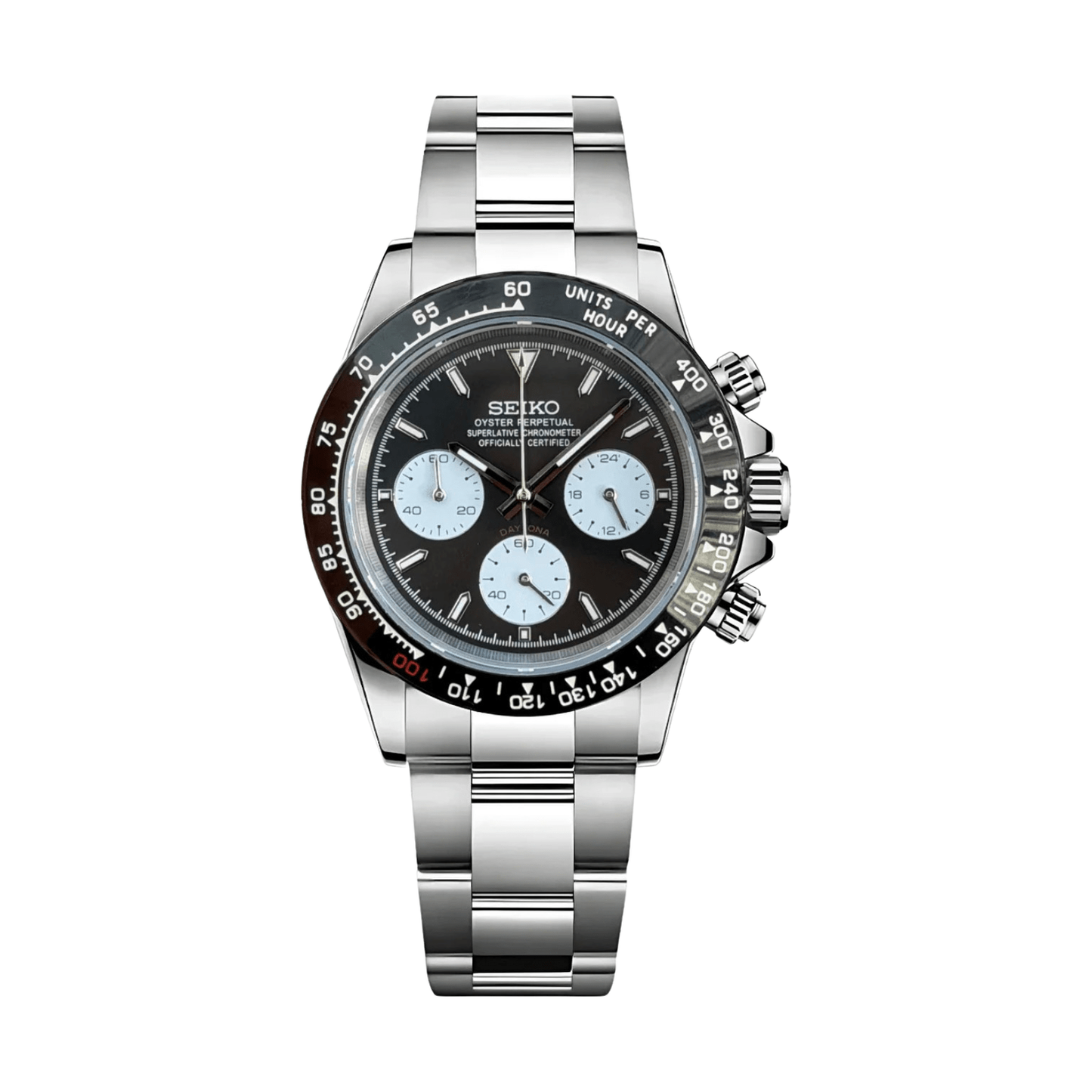 Daytona (Le Mans) Seiko VK63 meca-quartz chronograph mod watch. A black dial watch with a tachymeter bezel and a steel bracelet, shown in a full product shot.