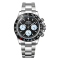 Daytona (Le Mans) Seiko VK63 meca-quartz chronograph mod watch. A black dial watch with a tachymeter bezel and a steel bracelet, shown in a full product shot.