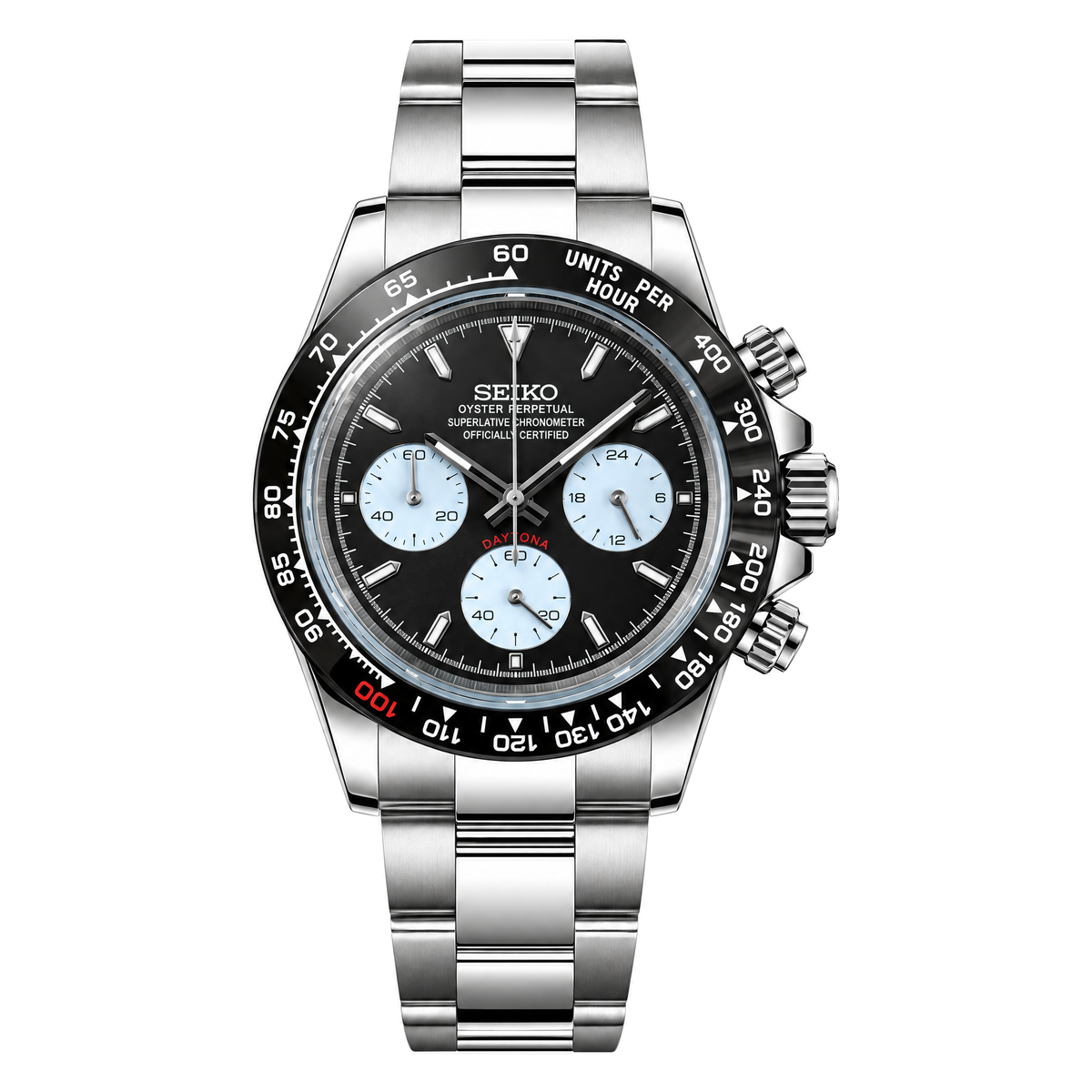 Daytona (Le Mans) Seiko VK63 meca-quartz chronograph mod watch. A black dial watch with a tachymeter bezel and a steel bracelet, shown in a full product shot.
