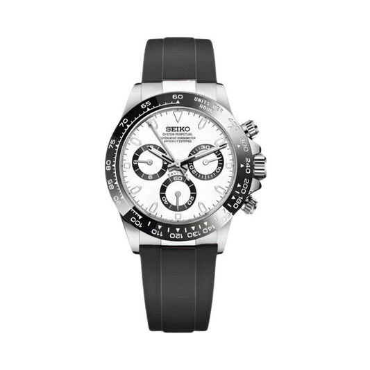 Daytona (Panda) Seiko VK63 meca-quartz chronograph mod watch. A full watch shot showing a white dial with black sub dials and a black bezel on a rubber strap.