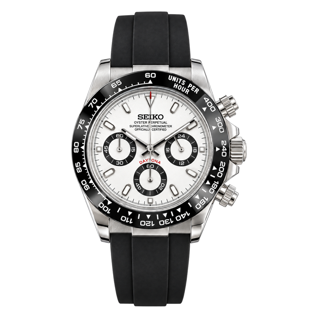 Daytona (Panda) Seiko VK63 meca-quartz chronograph mod watch. A full watch shot showing a white dial with black sub dials and a black bezel on a rubber strap.