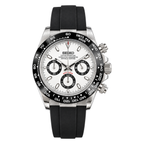 Daytona (Panda) Seiko VK63 meca-quartz chronograph mod watch. A full watch shot showing a white dial with black sub dials and a black bezel on a rubber strap.