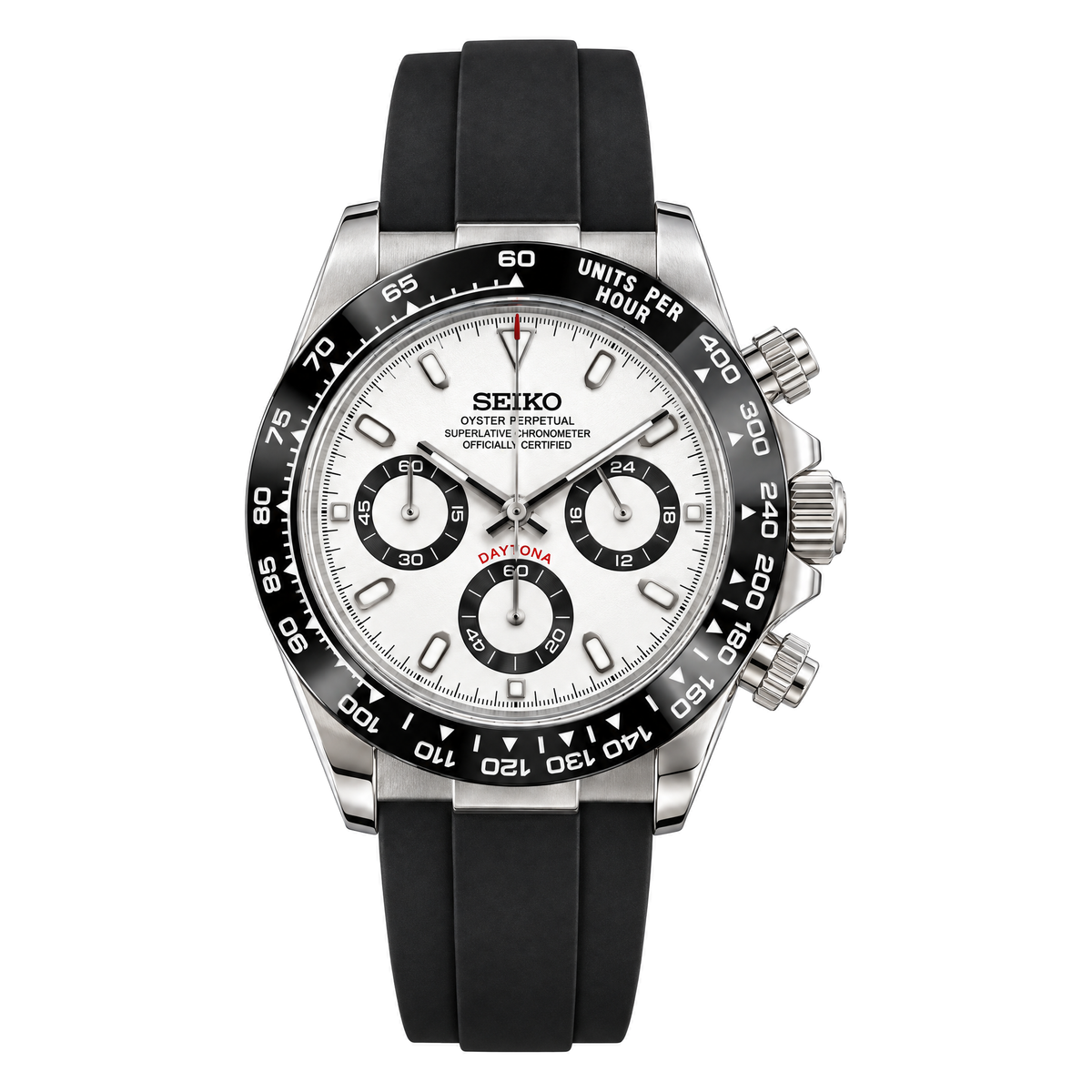 Daytona (Panda) Seiko VK63 meca-quartz chronograph mod watch. A full watch shot showing a white dial with black sub dials and a black bezel on a rubber strap.