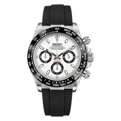 Daytona (Panda) Seiko VK63 meca-quartz chronograph mod watch. A full watch shot showing a white dial with black sub dials and a black bezel on a rubber strap.