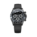 Daytona (Phantom Panda) Seiko VK63 meca-quartz chronograph mod watch. A black dial watch with a tachymeter bezel and a rubber strap, shown in a full product shot.
