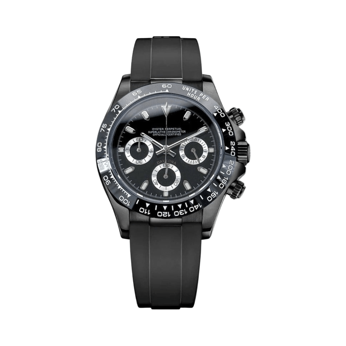 Daytona (Phantom Panda) Seiko VK63 meca-quartz chronograph mod watch. A black dial watch with a tachymeter bezel and a rubber strap, shown in a full product shot.