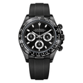 Daytona (Phantom Panda) Seiko VK63 meca-quartz chronograph mod watch. A black dial watch with a tachymeter bezel and a rubber strap, shown in a full product shot.