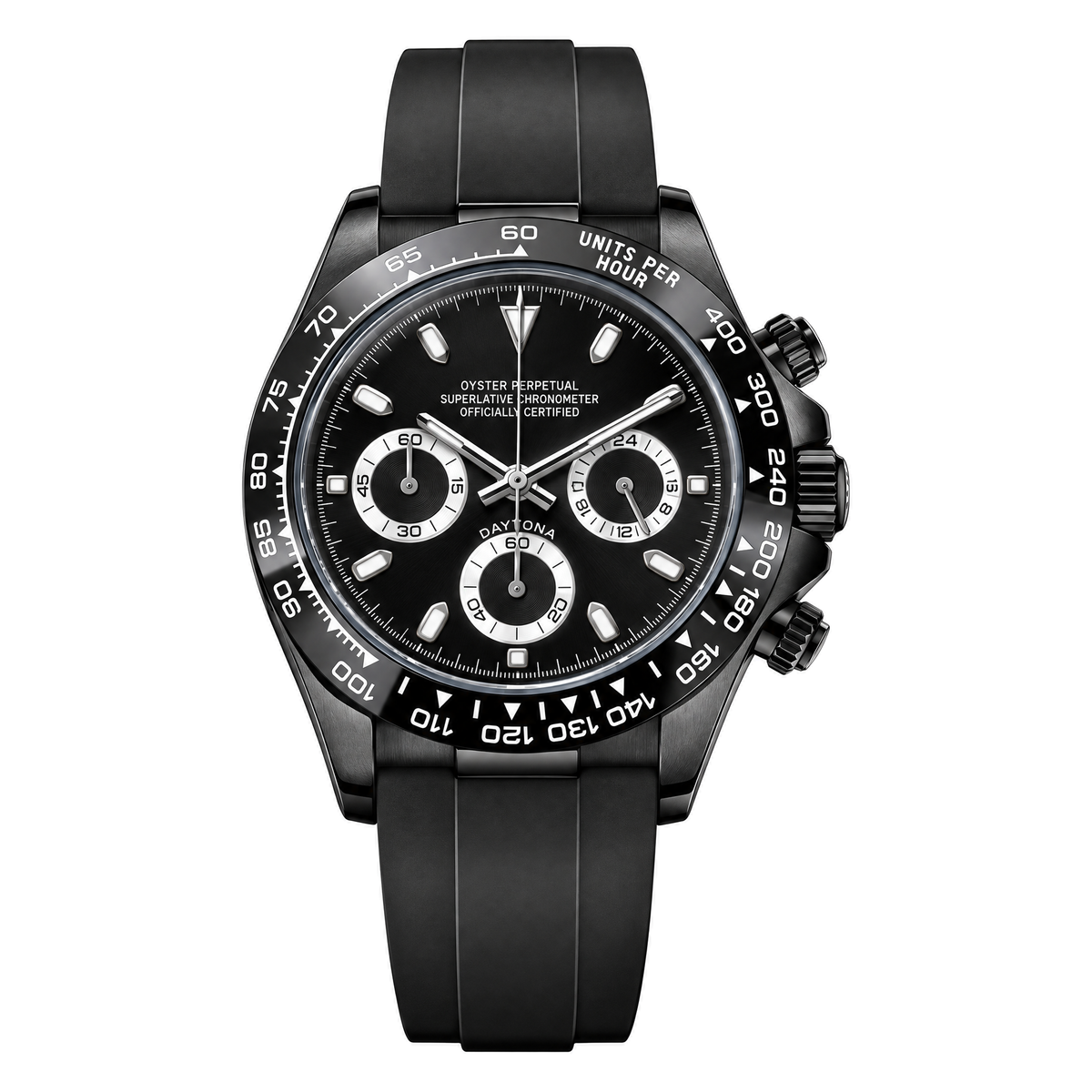 Daytona (Phantom Panda) Seiko VK63 meca-quartz chronograph mod watch. A black dial watch with a tachymeter bezel and a rubber strap, shown in a full product shot.