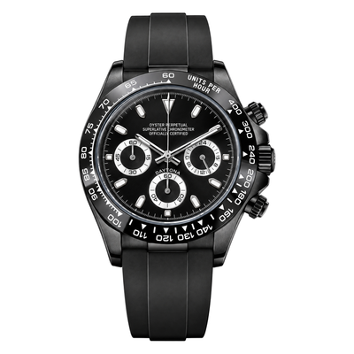 Daytona (Phantom Panda) Seiko VK63 meca-quartz chronograph mod watch. A black dial watch with a tachymeter bezel and a rubber strap, shown in a full product shot.