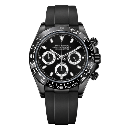 Daytona (Phantom Panda) Seiko VK63 meca-quartz chronograph mod watch. A black dial watch with a tachymeter bezel and a rubber strap, shown in a full product shot.