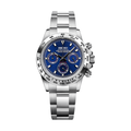 Daytona (Platinum Blue) Seiko VK63 meca-quartz chronograph mod watch. A blue dial watch with a tachymeter bezel and a steel bracelet, shown in a full product shot.