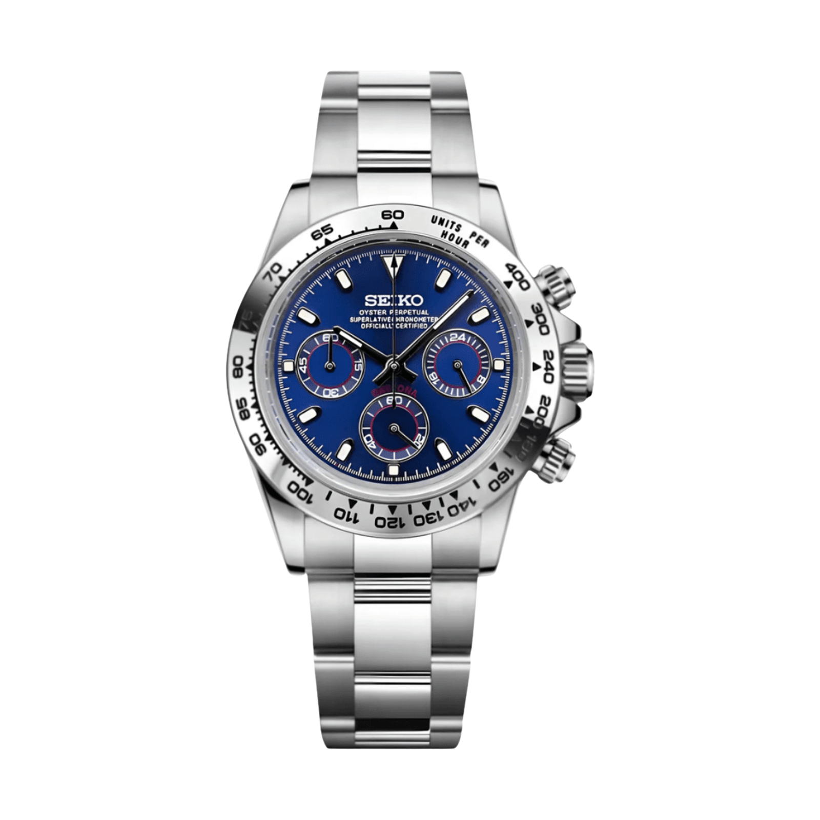 Daytona (Platinum Blue) Seiko VK63 meca-quartz chronograph mod watch. A blue dial watch with a tachymeter bezel and a steel bracelet, shown in a full product shot.