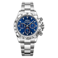 Daytona (Platinum Blue) Seiko VK63 meca-quartz chronograph mod watch. A blue dial watch with a tachymeter bezel and a steel bracelet, shown in a full product shot.