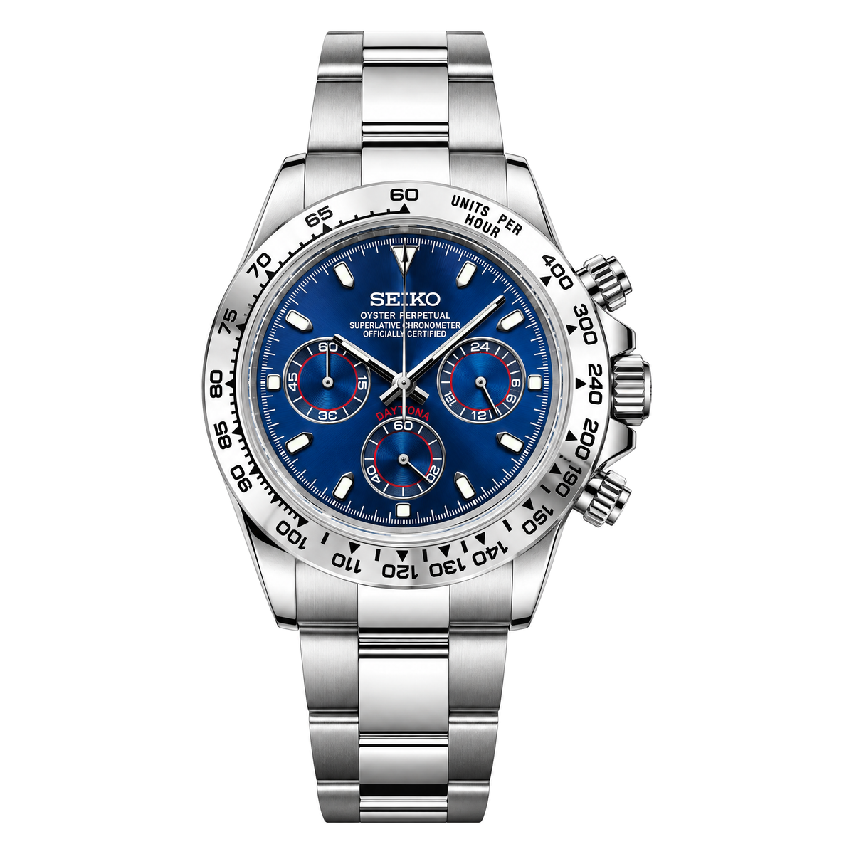 Daytona (Platinum Blue) Seiko VK63 meca-quartz chronograph mod watch. A blue dial watch with a tachymeter bezel and a steel bracelet, shown in a full product shot.