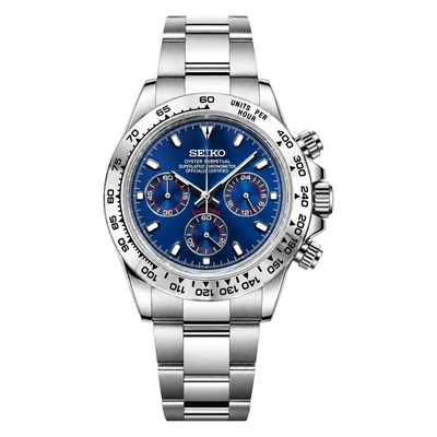 Daytona (Platinum Blue) Seiko VK63 meca-quartz chronograph mod watch. A blue dial watch with a tachymeter bezel and a steel bracelet, shown in a full product shot.
