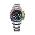 Daytona (Rainbow) Seiko VK63 meca-quartz chronograph mod watch. A black dial watch with a stone-set bezel and a steel bracelet, shown in a full product shot.