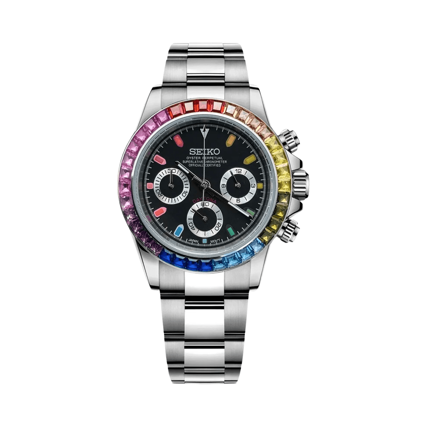 Daytona (Rainbow) Seiko VK63 meca-quartz chronograph mod watch. A black dial watch with a stone-set bezel and a steel bracelet, shown in a full product shot.