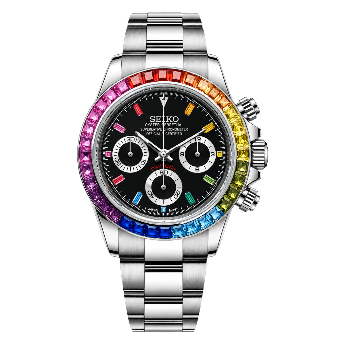 Daytona (Rainbow) Seiko VK63 meca-quartz chronograph mod watch. A black dial watch with a stone-set bezel and a steel bracelet, shown in a full product shot.