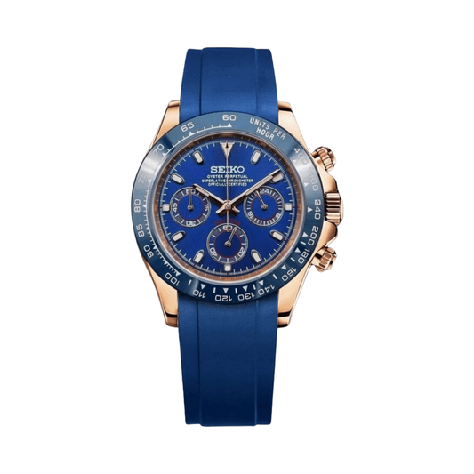 Daytona (Rose Gold Blue) Seiko VK63 meca-quartz chronograph mod watch. A blue dial watch with a tachymeter bezel and a rubber strap, shown in a full product shot.
