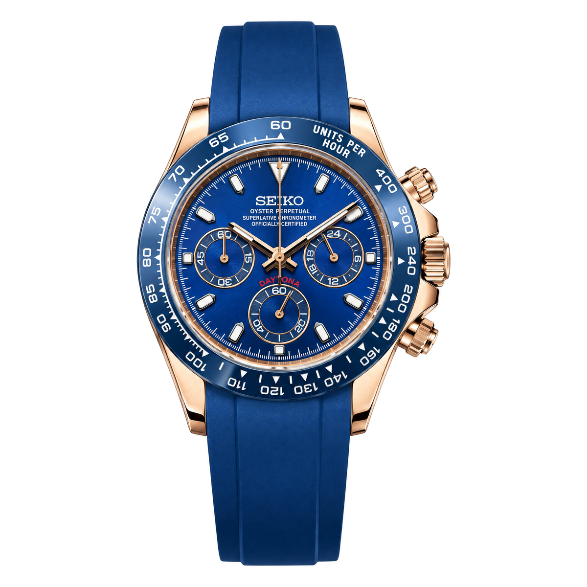 Daytona (Rose Gold Blue) Seiko VK63 meca-quartz chronograph mod watch. A blue dial watch with a tachymeter bezel and a rubber strap, shown in a full product shot.