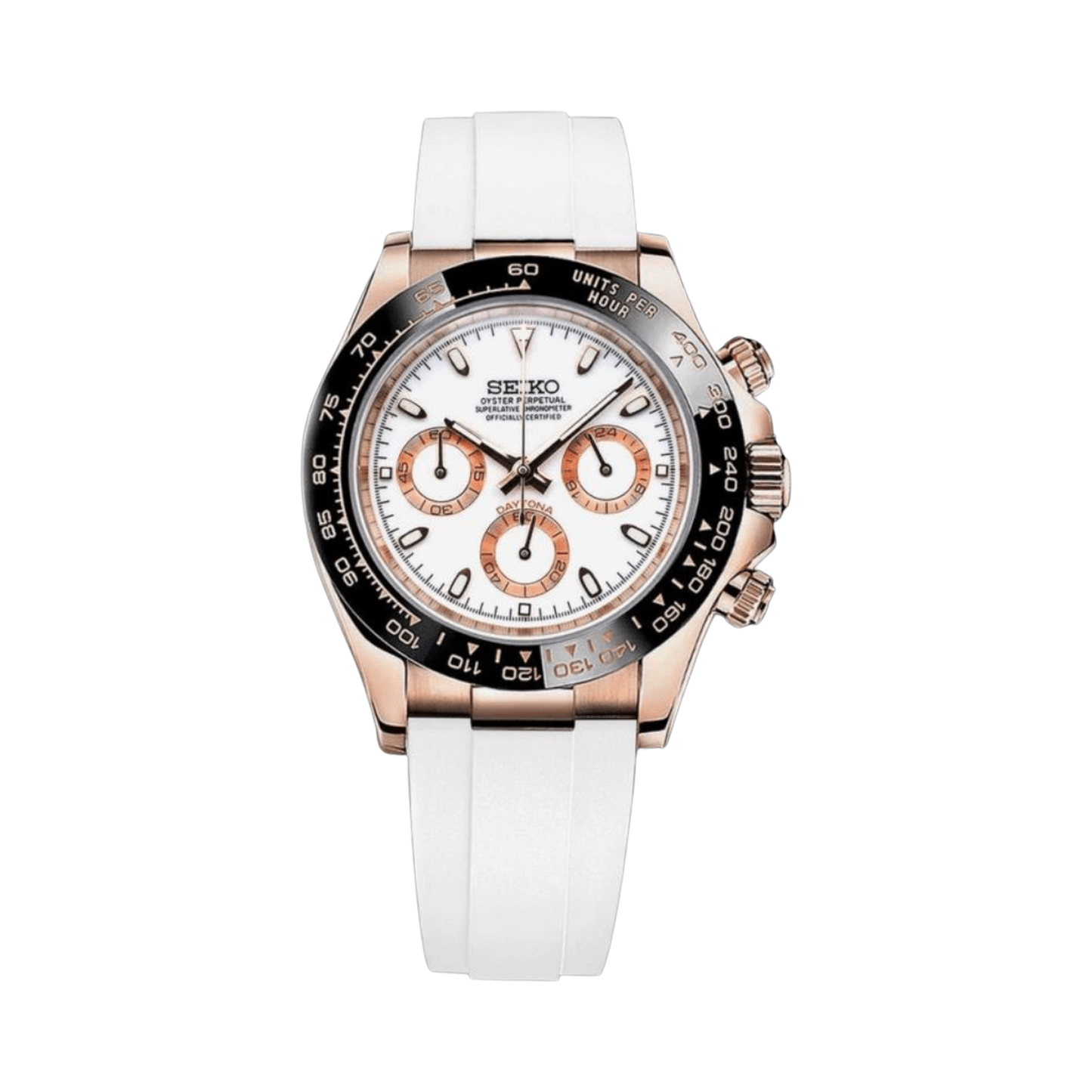 Daytona (Rose Gold White) Seiko VK63 meca-quartz chronograph mod watch. A white dial watch with a tachymeter bezel and a rubber strap, shown in a full product shot.