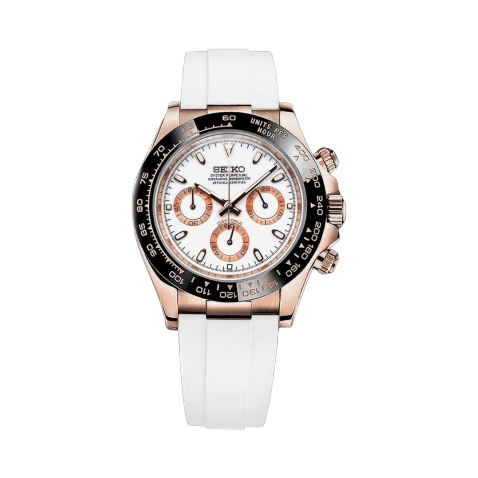 Daytona (Rose Gold White) Seiko VK63 meca-quartz chronograph mod watch. A white dial watch with a tachymeter bezel and a rubber strap, shown in a full product shot.