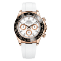 Daytona (Rose Gold White) Seiko VK63 meca-quartz chronograph mod watch. A white dial watch with a tachymeter bezel and a rubber strap, shown in a full product shot.
