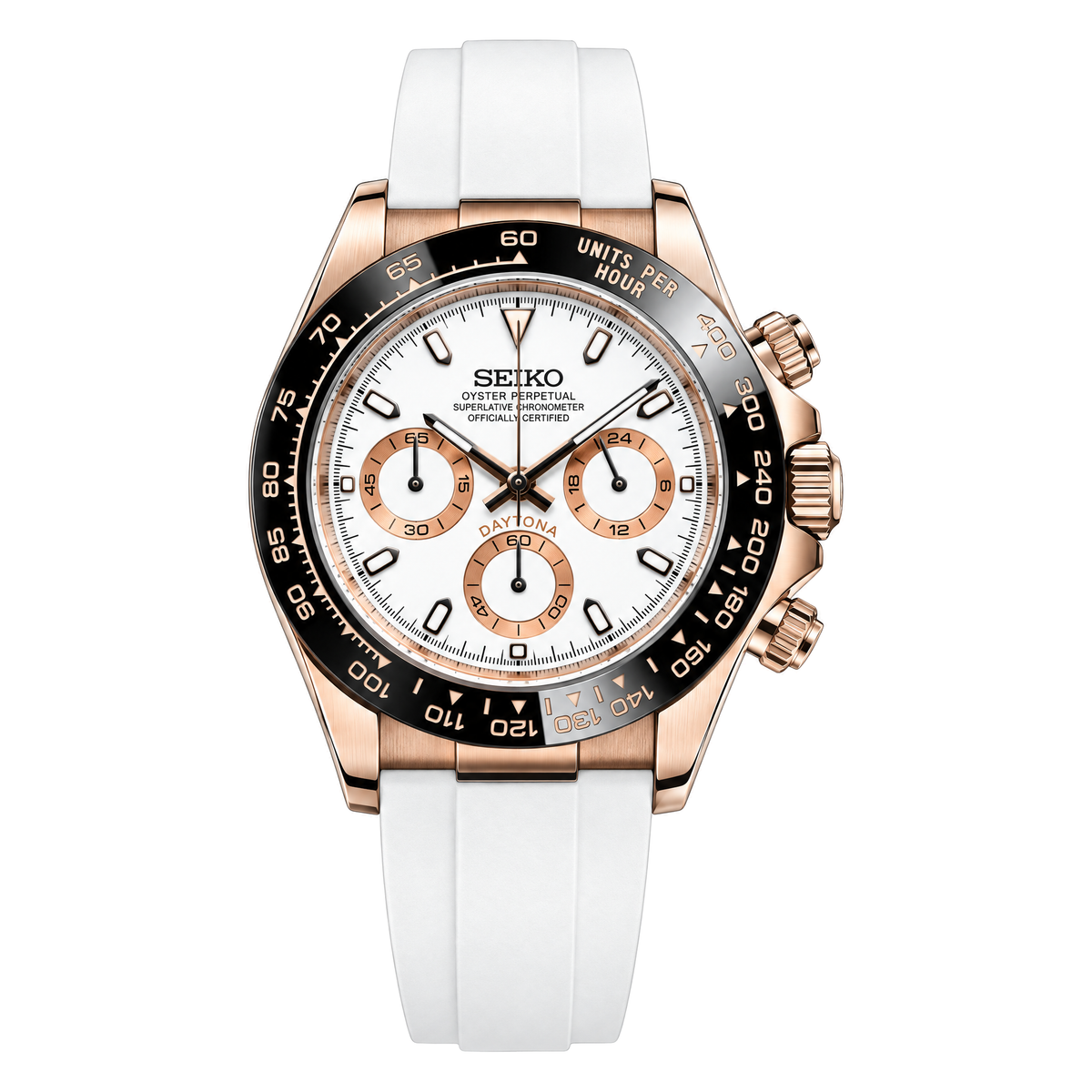 Daytona (Rose Gold White) Seiko VK63 meca-quartz chronograph mod watch. A white dial watch with a tachymeter bezel and a rubber strap, shown in a full product shot.