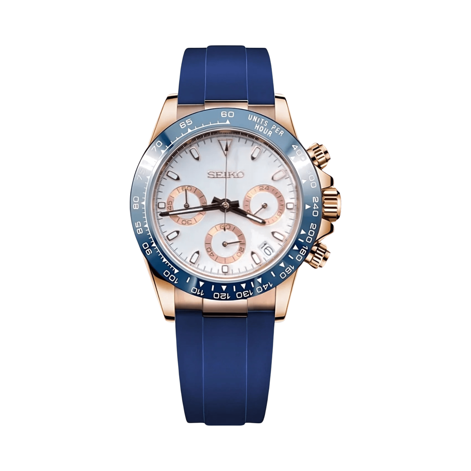 Daytona (Rose Gold Blue Rubber) Seiko VK63 meca-quartz chronograph mod watch. A white dial watch with a tachymeter bezel and a rubber strap, shown in a full product shot.