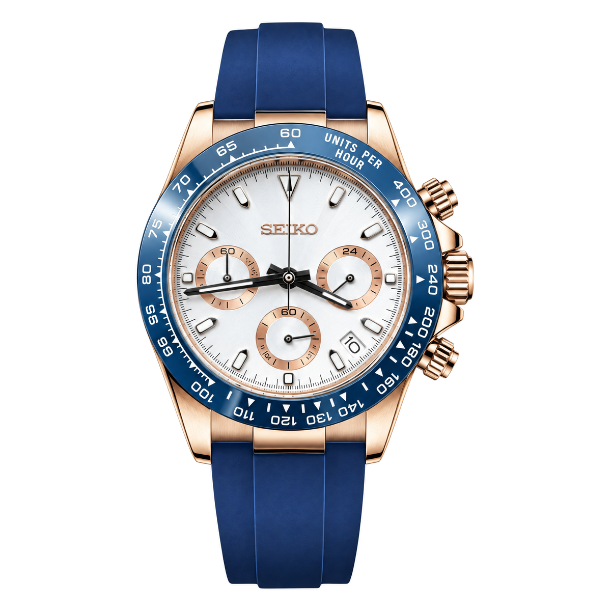 Daytona (Rose Gold Blue Rubber) Seiko VK63 meca-quartz chronograph mod watch. A white dial watch with a tachymeter bezel and a rubber strap, shown in a full product shot.