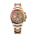 Daytona (Rose Gold Rainbow Ice) Seiko VK63 meca-quartz chronograph mod watch. A champagne dial watch with a stone-set bezel and a steel bracelet, shown in a full product shot.