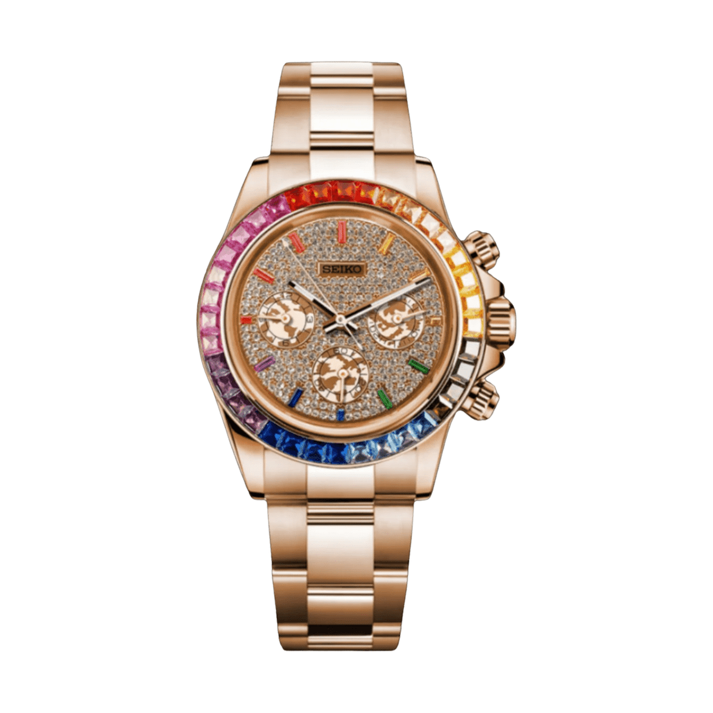Daytona (Rose Gold Rainbow Ice) Seiko VK63 meca-quartz chronograph mod watch. A champagne dial watch with a stone-set bezel and a steel bracelet, shown in a full product shot.