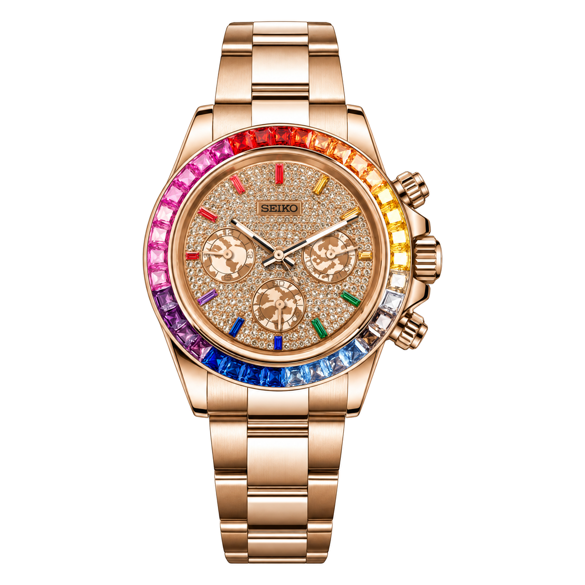 Daytona (Rose Gold Rainbow Ice) Seiko VK63 meca-quartz chronograph mod watch. A champagne dial watch with a stone-set bezel and a steel bracelet, shown in a full product shot.