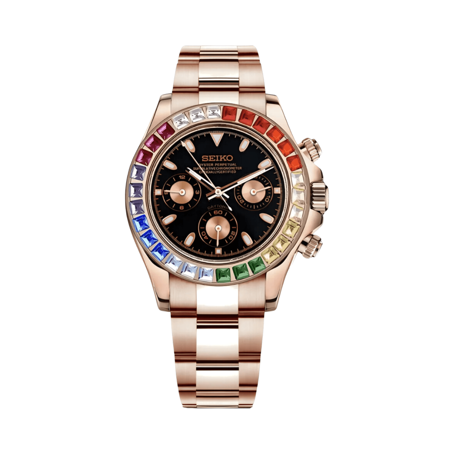 Daytona (Rose Gold Rainbow) Seiko VK63 meca-quartz chronograph mod watch. A black dial watch with a stone-set bezel and a steel bracelet, shown in a full product shot.