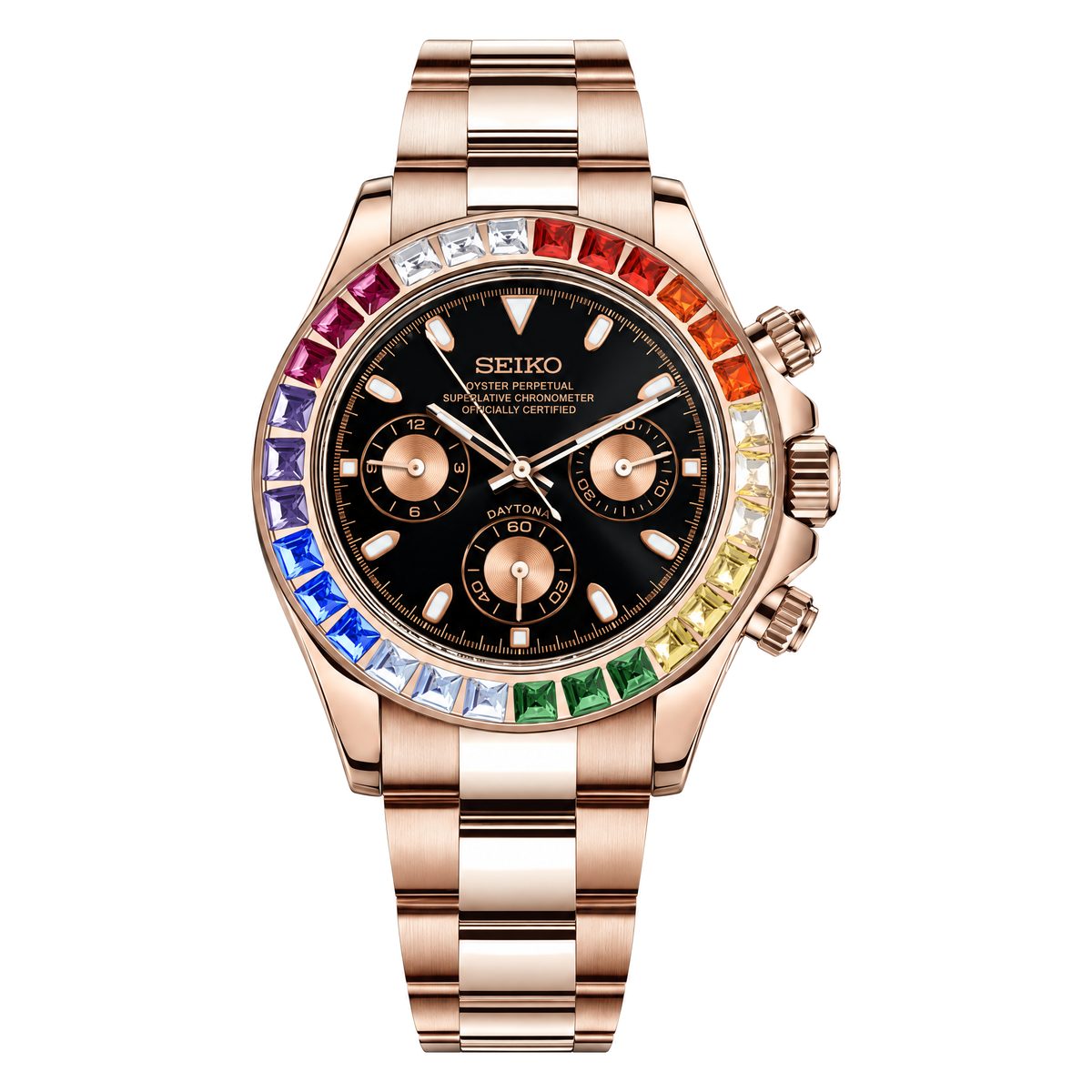 Daytona (Rose Gold Rainbow) Seiko VK63 meca-quartz chronograph mod watch. A black dial watch with a stone-set bezel and a steel bracelet, shown in a full product shot.