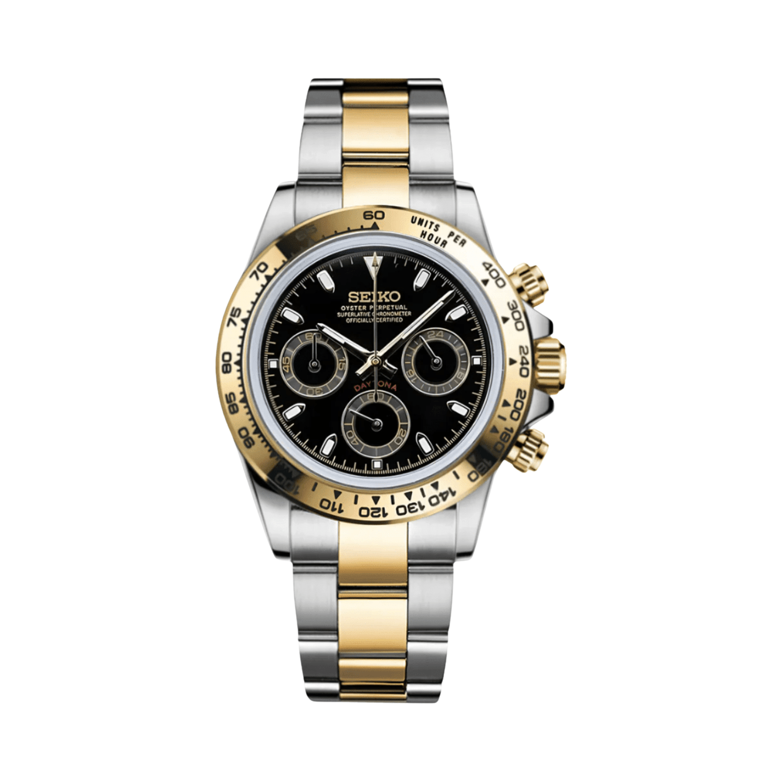 Daytona (Two-tone Black) Seiko VK63 meca-quartz chronograph mod watch. A black dial watch with a tachymeter bezel and a steel bracelet, shown in a full product shot.