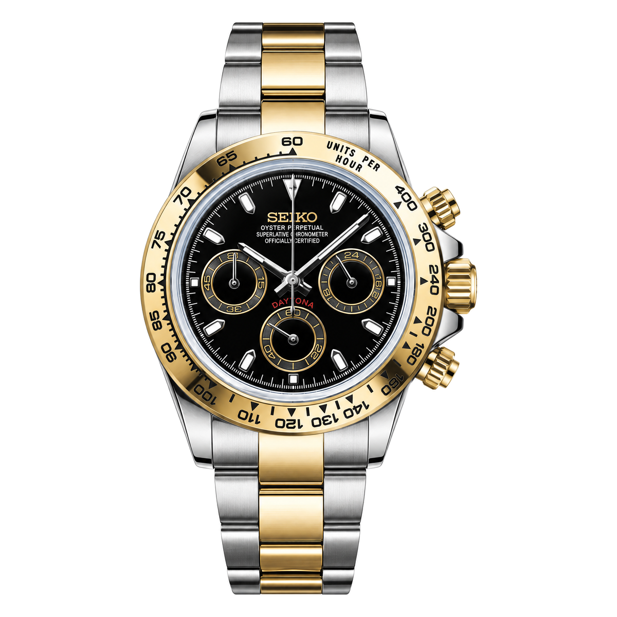 Daytona (Two-tone Black) Seiko VK63 meca-quartz chronograph mod watch. A black dial watch with a tachymeter bezel and a steel bracelet, shown in a full product shot.