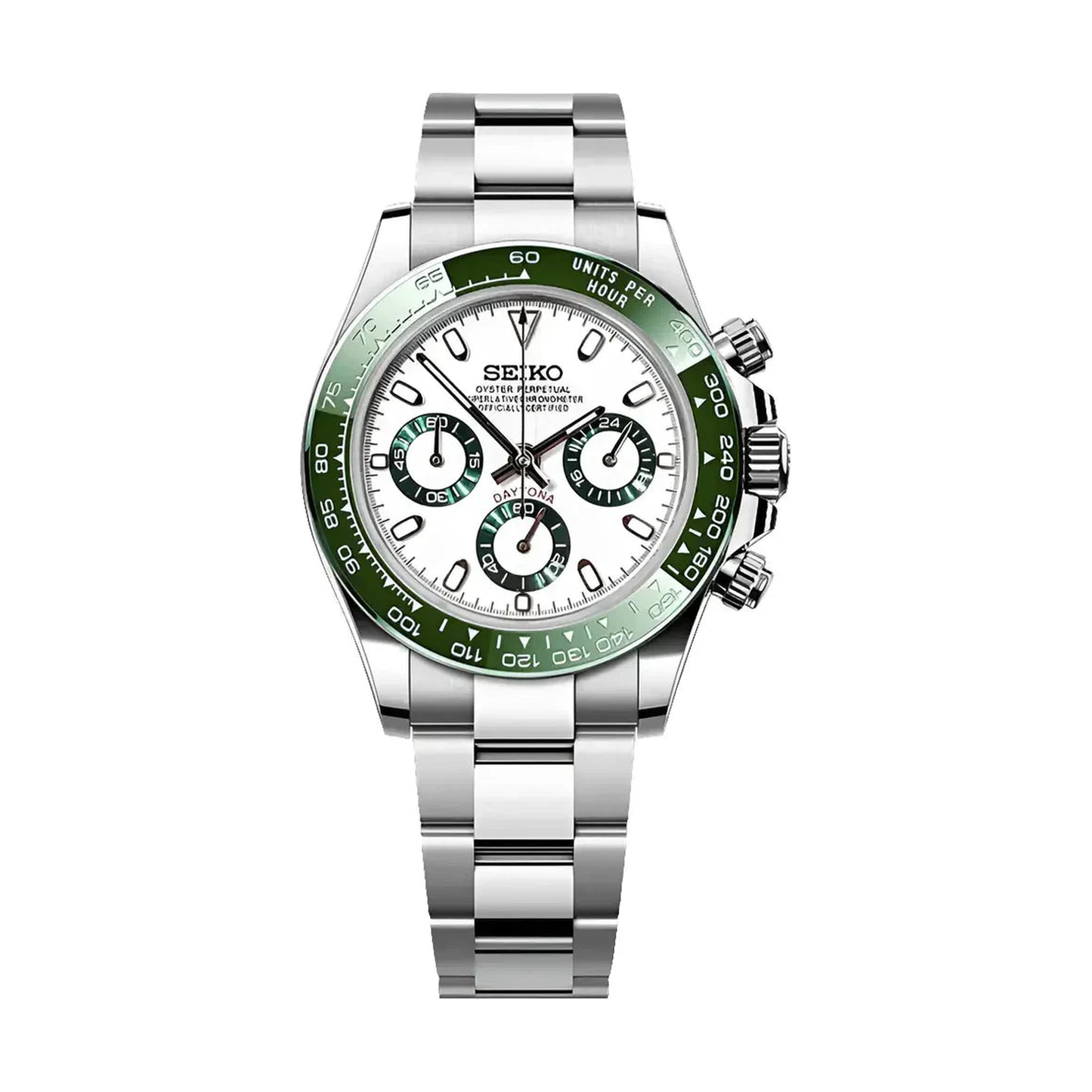 Daytona (White Hulk) Seiko VK63 meca-quartz chronograph mod watch. A white dial watch with a tachymeter bezel and a steel bracelet, shown in a full product shot.