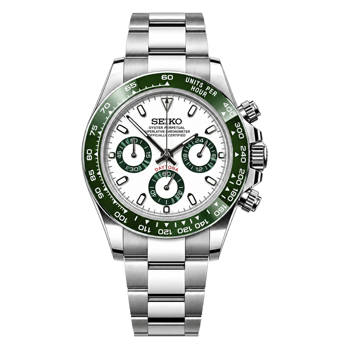 Daytona (White Hulk) Seiko VK63 meca-quartz chronograph mod watch. A white dial watch with a tachymeter bezel and a steel bracelet, shown in a full product shot.