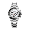 Daytona (White) Seiko VK63 meca-quartz chronograph mod watch. A white dial watch with a tachymeter bezel and a steel bracelet, shown in a full product shot.